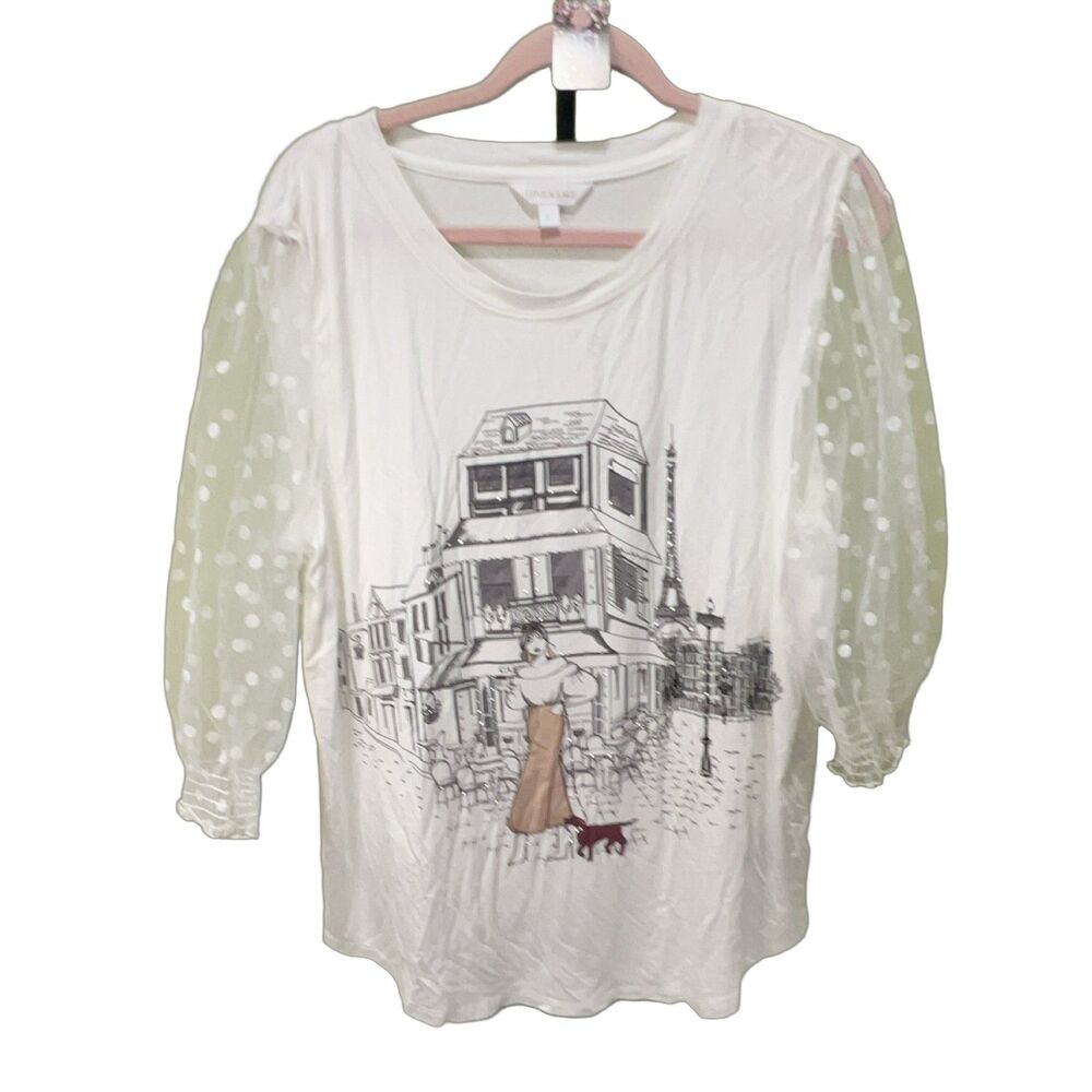 LOVE & LACE Women's White Puff Sleeve Shirt Size L Rhinestone Jersey Stretch